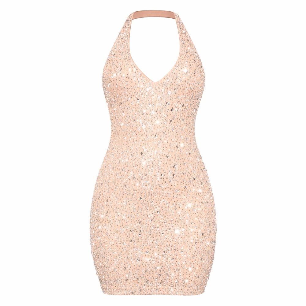 Windsor  Tan Bedazzled Mini Dress with silver crystals